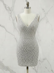 White V Neck Pearl Embellished Short Homecoming Dress