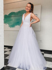 White V Neck Tulle Long Bridal Dress