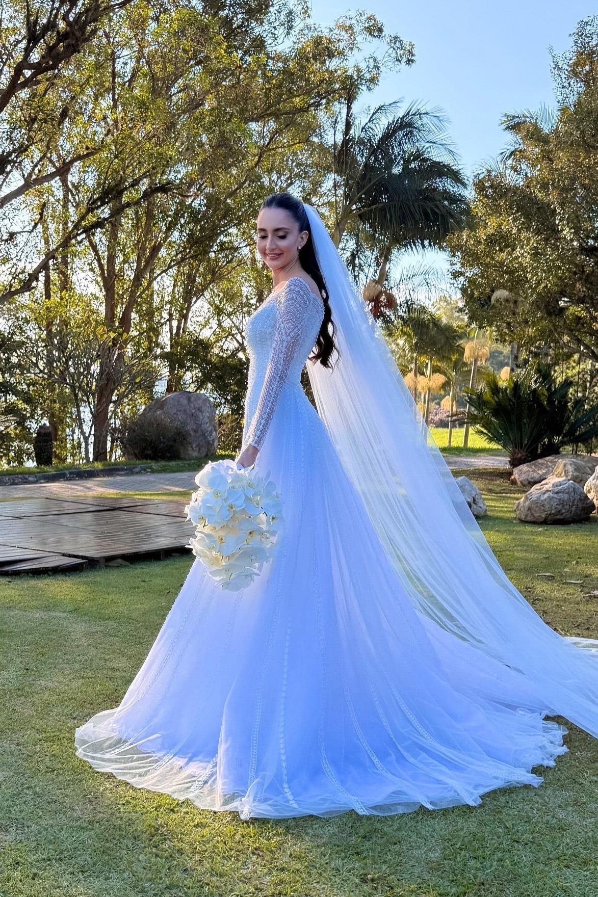 White Wedding Dress A Line Long Sleeves Beaded Lace Capel Train Long Bridal Gown