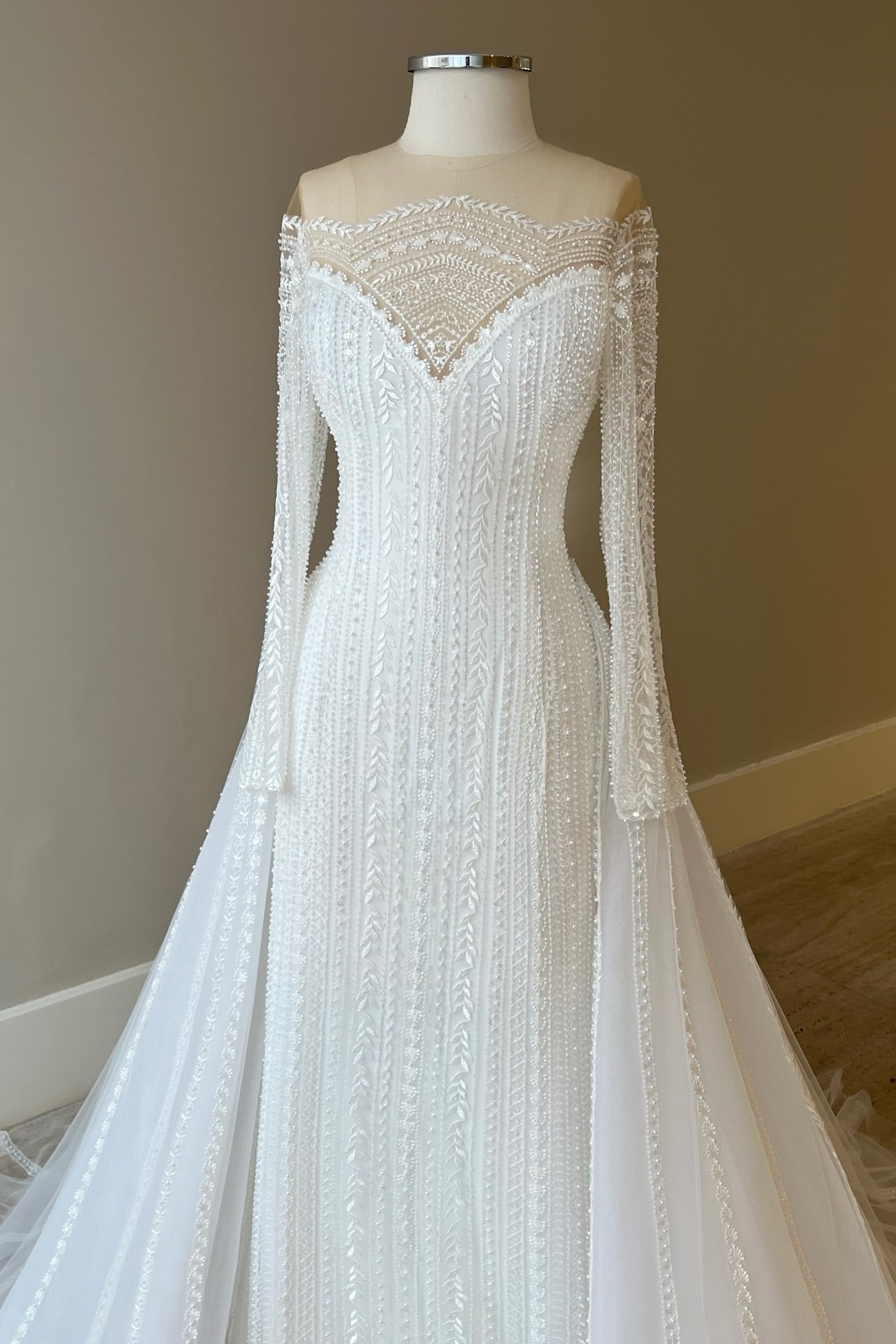 White Wedding Dress A Line Long Sleeves Beaded Lace Capel Train Long Bridal Gown