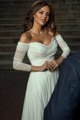White Wedding Dress A Line Off The Shoulder Long Sleeves Chiffon Ruffles Bridal Gown