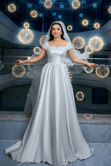 White Wedding Dress A Line Off The Shoulder Sleeveless Beaded Ruffle Long Satin Bridal Gown With Slit