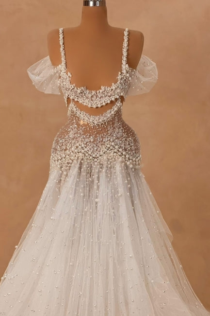 White Wedding Dress A Line Off The Shoulder Spaghetti Strap Beaded Lace Sleeveless Long Tulle Bridal Gown With Pearls