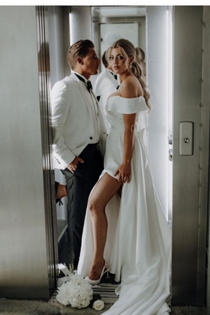 White Wedding Dress A Line Off The Shoulder Split Front Lace Up Long Bridal Gown Panel Train