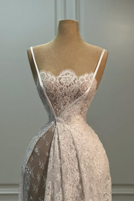 White Wedding Dress A Line Spaghetti Strap Sleeveless Sweep Train Lace Bridal Gown