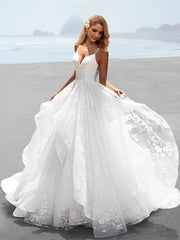 White Wedding Dress A Line Spaghetti Straps Lace Tulle Bridal Dress