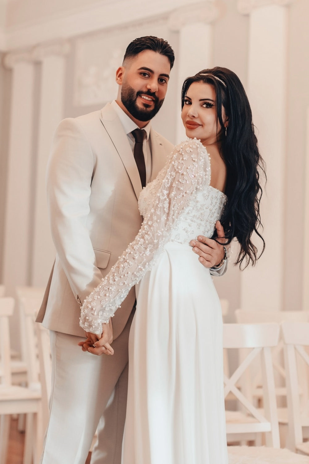 White Wedding Dress A Line Square Beaded Long Sleeves Ruffles Panel Train Satin Bridal Gown