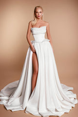 White Wedding Dress A Line Strapless Sleeveless Beaded Long Split Front Satin Bridal Gown With Pearls