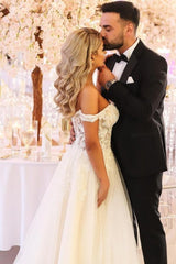 White Wedding Dress A Line Sweetheart Off The Shoulder Lace Court Train Tulle Bridal Gown With Appliques
