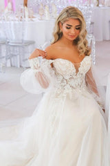 White Wedding Dress A Line Sweetheart Off The Shoulder Lace Court Train Tulle Bridal Gown With Appliques