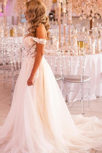 White Wedding Dress A Line Sweetheart Off The Shoulder Lace Court Train Tulle Bridal Gown With Appliques