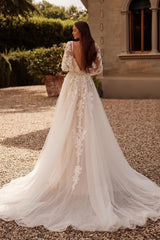White Wedding Dress A Line V Neck Long Sleeves Sweep Train Tulle Bridal Gown With Appliques