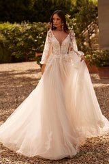 White Wedding Dress A Line V Neck Long Sleeves Sweep Train Tulle Bridal Gown With Appliques