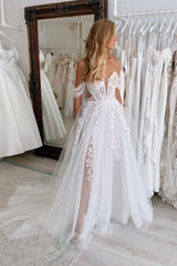 White Wedding Dress A Line V Neck Off The Shoulder Sleeveless Sweep Train Tulle Bridal Gown With Appliques