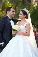 White Wedding Dress Ball Gown Spaghetti Straps Sleeveless Beaded Lace Sweep Train Satin Bridal Gown