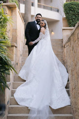 White Wedding Dress Ball Gown Strapless Sleeveless Sequined Cathedral Train Bridal Gown