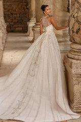 White Wedding Dress Halter A Line Sleeveless Sequined Lace Ball Gown Long Tulle Bridal Gown With Appliques