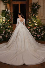 White Wedding Dress High Neck A Line Long Sleeves Ball Gown Cathedral Train Lace Bridal Gown With Sequins