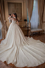 White Wedding Dress High Neck Ball Gown Beaded Long Sleeves Cathedral Train Lace Bridal Gown With Appliques