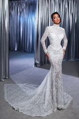 White Wedding Dress Lace Mermaid High Neck Long Sleeves Sweep Train Tulle Bridal Gown