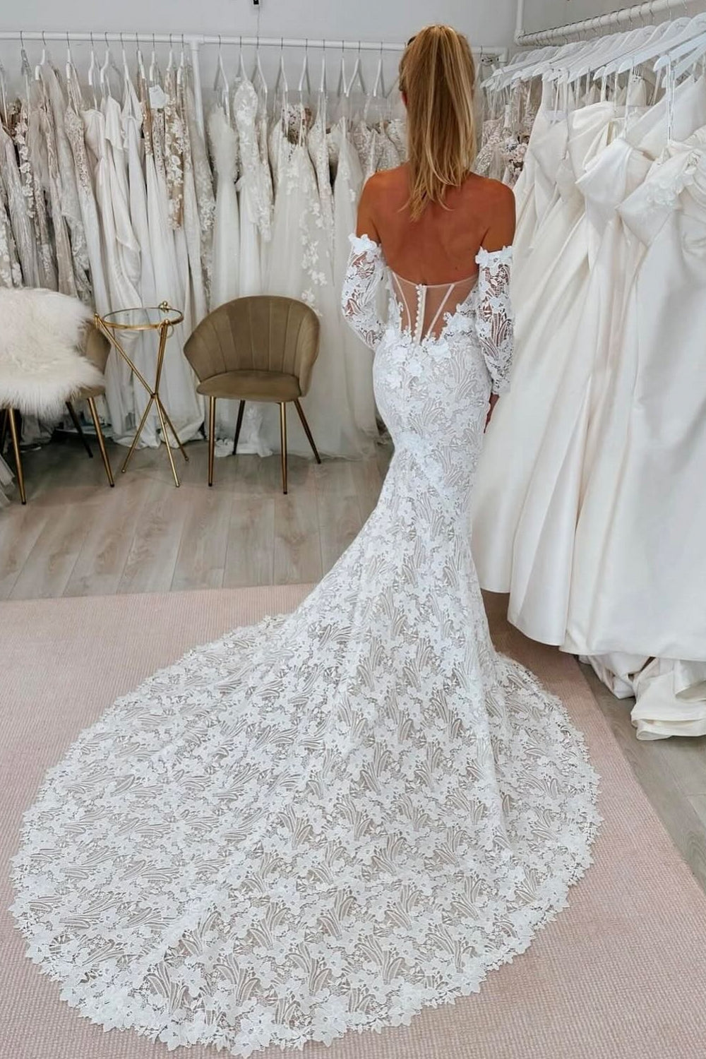 White Wedding Dress Lace Mermaid Sweetheart Off The Shoulder Long Sleeves Cathedral Train Bridal Gown