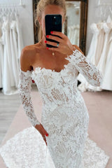 White Wedding Dress Lace Mermaid Sweetheart Off The Shoulder Long Sleeves Cathedral Train Bridal Gown