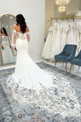 White Wedding Dress Lace Mermaid V Neck Off The Shoulder Long Sleeves Cathedral Train Satin Bridal Gown