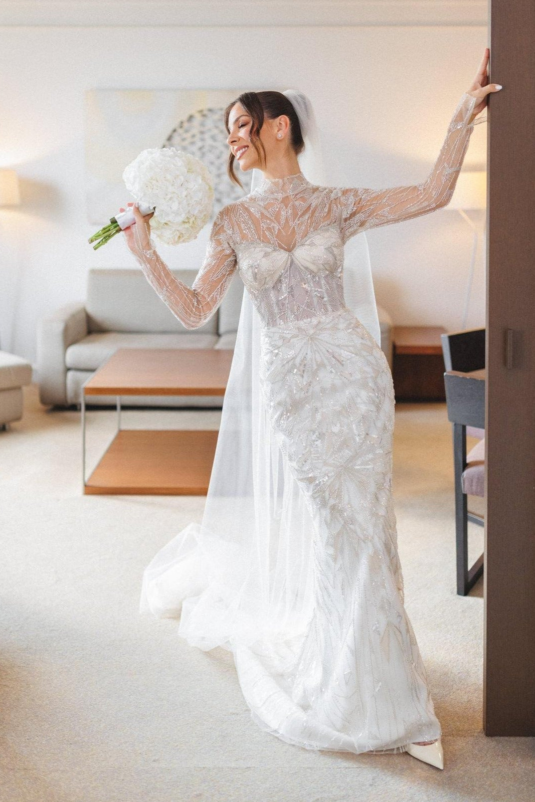 White Wedding Dress Mermaid High Neck Long Sleeves Beaded Sweep Train Tulle Bridal Gown With Sequins