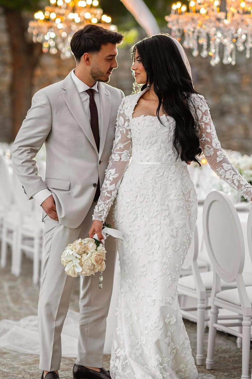 White Wedding Dress Mermaid Lace Square Long Sleeves Beaded Long Bridal Gown With Pearls