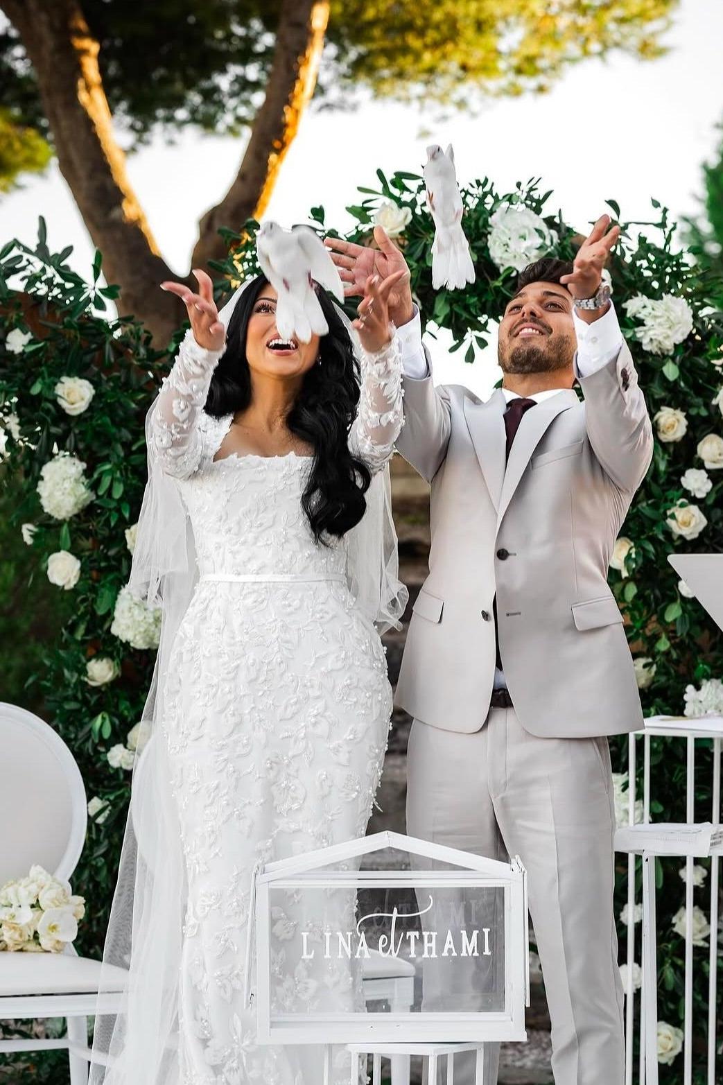 White Wedding Dress Mermaid Lace Square Long Sleeves Beaded Long Bridal Gown With Pearls