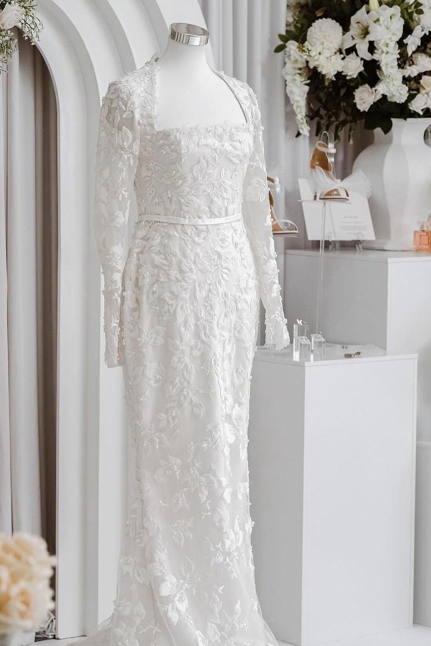 White Wedding Dress Mermaid Lace Square Long Sleeves Beaded Long Bridal Gown With Pearls