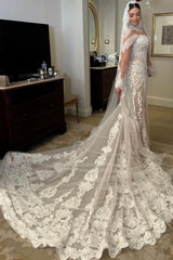White Wedding Dress Mermaid Long Sleeves High Neck Lace Cathedral Train Tulle Bridal Gown