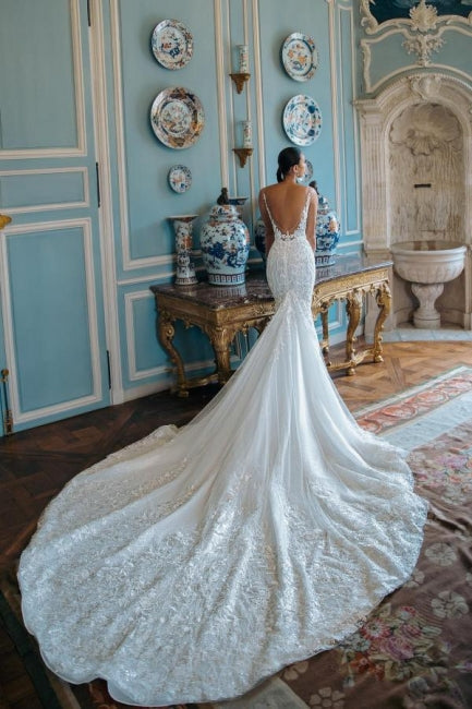 White Wedding Dress Mermaid Spaghetti Strap Sweetheart Backless Lace Cathedral Train Tulle Bridal Gown With Appliques
