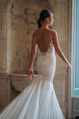White Wedding Dress Mermaid Spaghetti Strap Sweetheart Backless Lace Cathedral Train Tulle Bridal Gown With Appliques