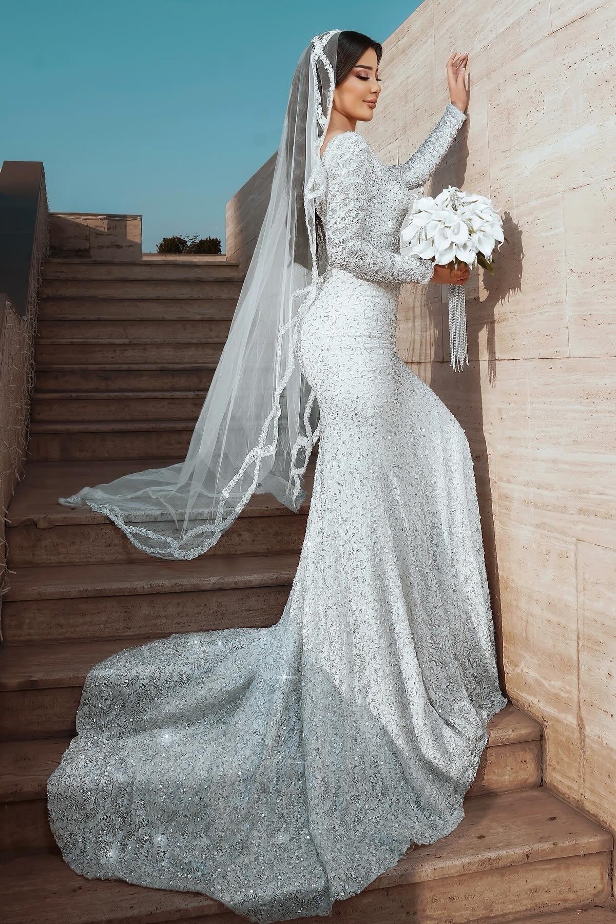 White Wedding Dress Mermaid Square Long Sleeves Sequined Lace Sweep Train Long Tulle Bridal Gown