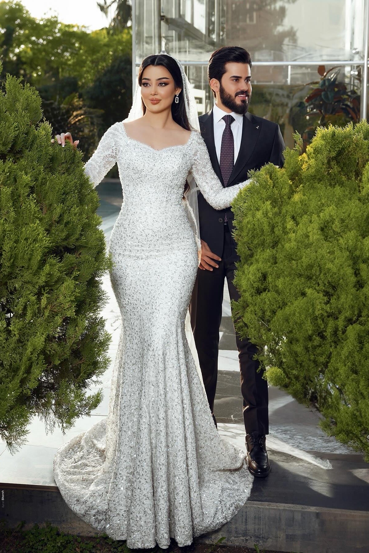 White Wedding Dress Mermaid Square Long Sleeves Sequined Lace Sweep Train Long Tulle Bridal Gown