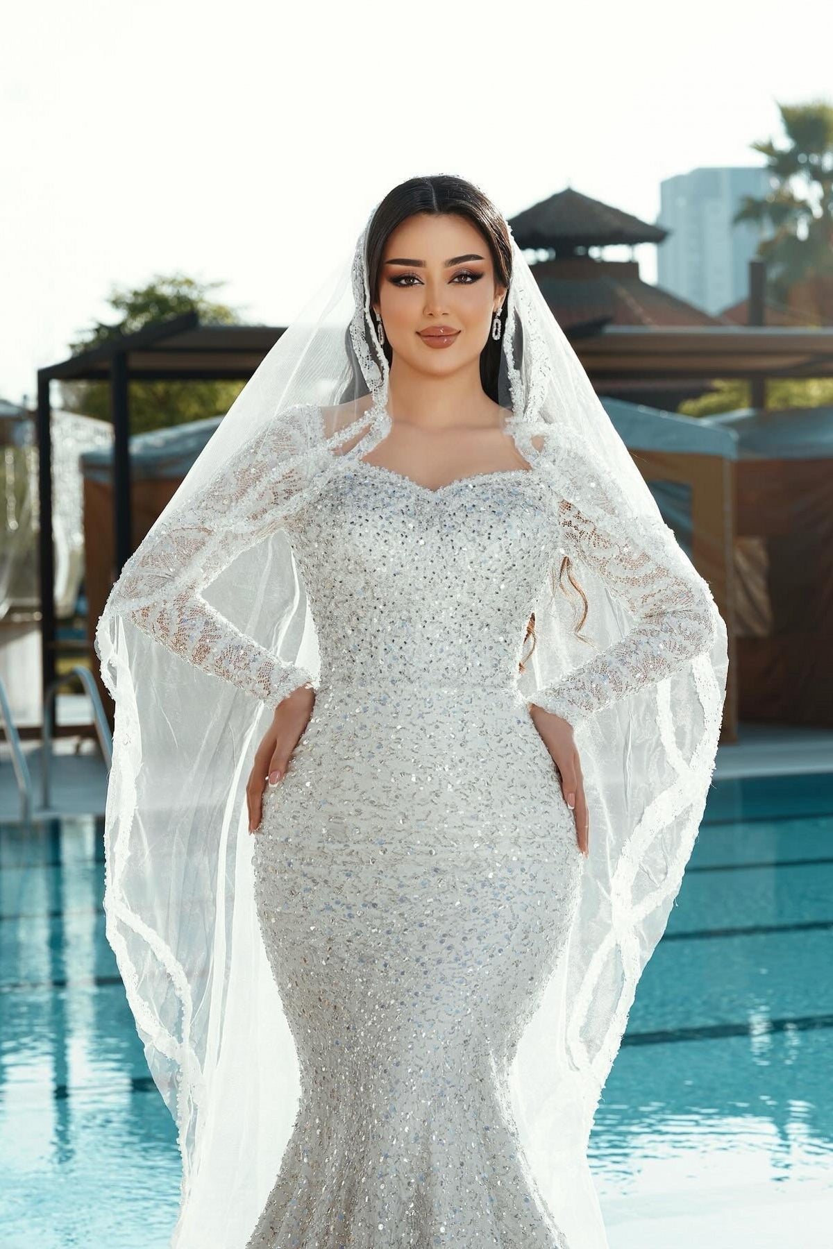 White Wedding Dress Mermaid Square Long Sleeves Sequined Lace Sweep Train Long Tulle Bridal Gown