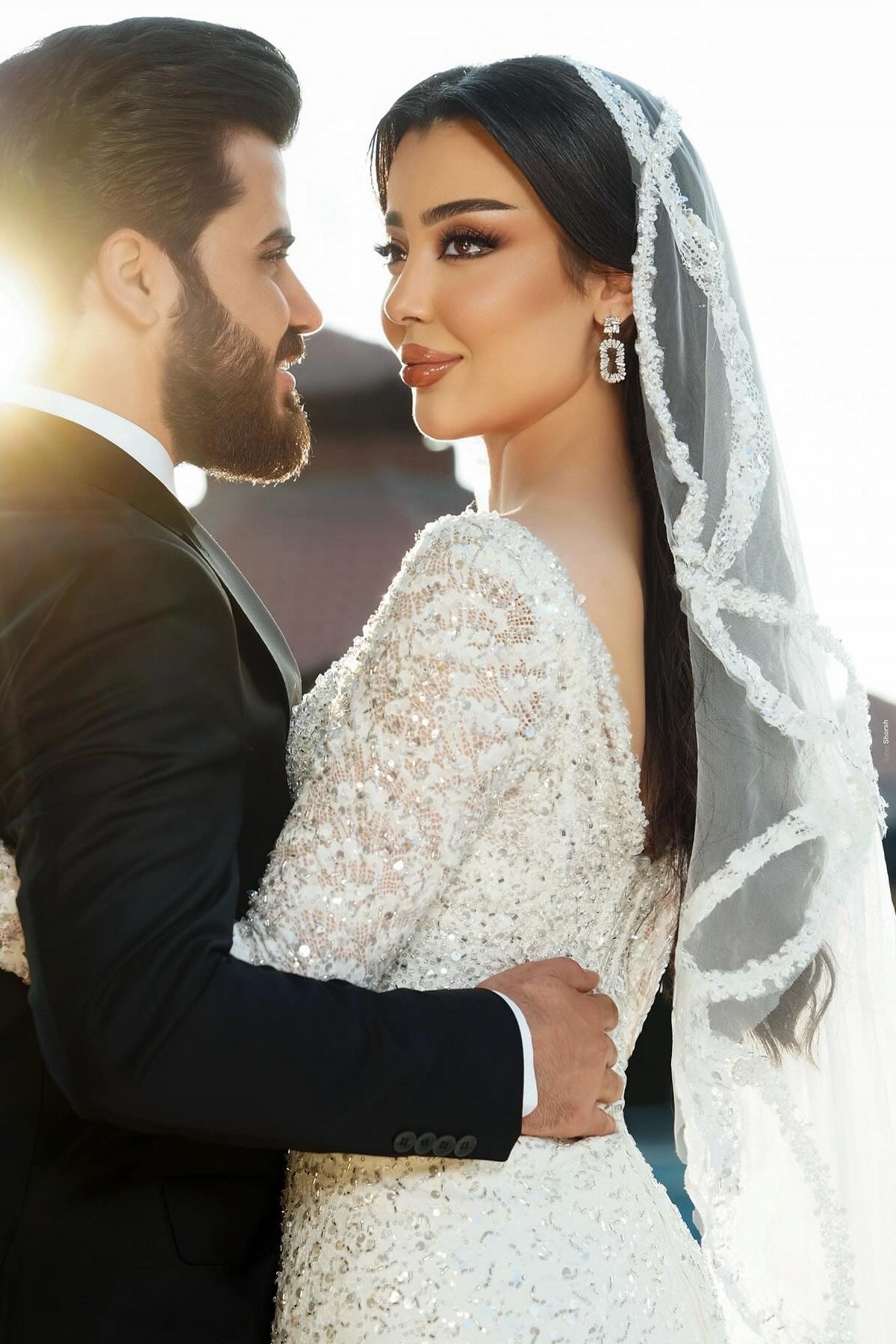 White Wedding Dress Mermaid Square Long Sleeves Sequined Lace Sweep Train Long Tulle Bridal Gown