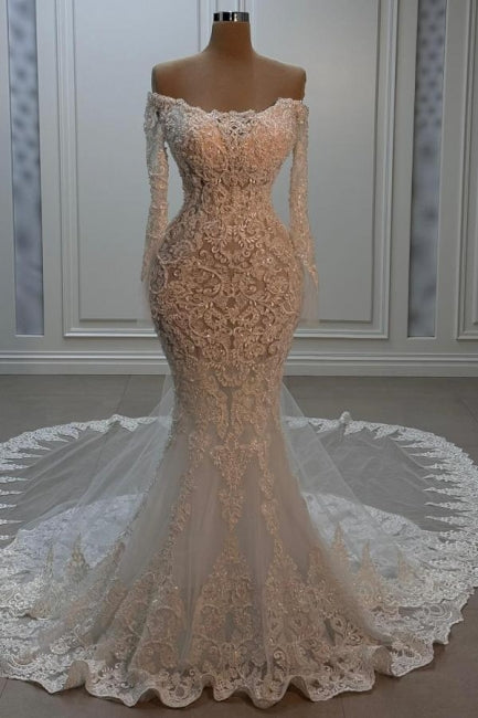 White Wedding Dress Mermaid Strapless Beaded Off The Shoulder Long Sleeve Chapel Train Lace Bridal Gown