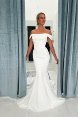 White Wedding Dress Mermaid Strapless Off The Shoulder Long Satin Bridal Gown