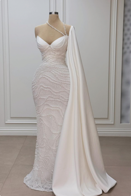 White Wedding Dress Mermaid Sweetheart Beaded Off The Shoulder Cap Sleeve Long Satin Bridal Gown With Pearls