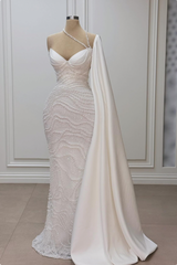 White Wedding Dress Mermaid Sweetheart Beaded Off The Shoulder Cap Sleeve Long Satin Bridal Gown With Pearls