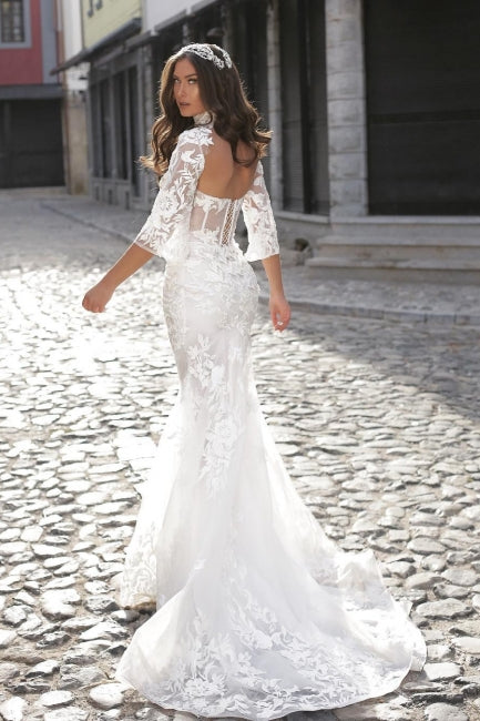 White Wedding Dress Mermaid Sweetheart High Neck Long Sleeves Sweep Train Tulle Bridal Gown With Appliques