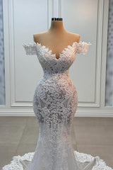 White Wedding Dress Mermaid Sweetheart Off The Shoulder Chapel Train Lace Tulle Bridal Gown With Appliques