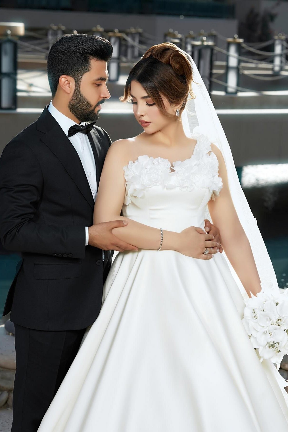 White Wedding Dress One Shoulder Sleeveless Sweep Train Ball Gown Long Satin Bridal Gown With 3D Flowers