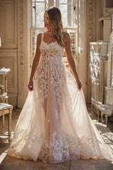 White Wedding Dress Spaghetti Strap A Line Sleeveless Floor Length Tulle Bridal Gown With Appliques