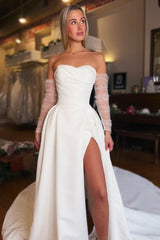 White Wedding Dress Strapless A Line Sleeveless Long Satin Split Front Bridal Gown With Ruffles