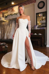 White Wedding Dress Strapless A Line Sleeveless Long Satin Split Front Bridal Gown With Ruffles