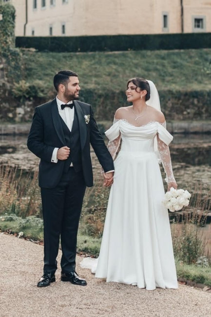 White Wedding Dress Strapless Off The Shoulder A Line Illusion Lace Sleeve Sweep Train Satin Bridal Gown With Slit