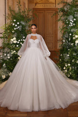 White Wedding Dress Sweetheart Ball Gown Illusion Sleeveless Sweep Train Tulle Bridal Gown With Rhinestones